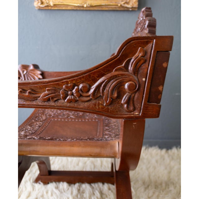 Spanish Colonial Savonarola Chair With Carved Lion Heads and Tooled Leather For Sale - Image 18 of 18