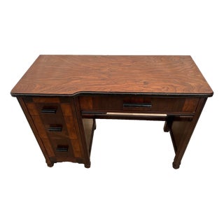 1930s Art Deco Wall Desk Petite Size Four Dovetail Jointed Drawers Two Tone Walnut For Sale