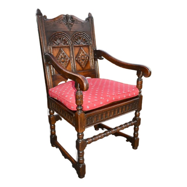 Antique Kittinger Solid Oak Carved Tudor Style Chair W/Pillow For Sale