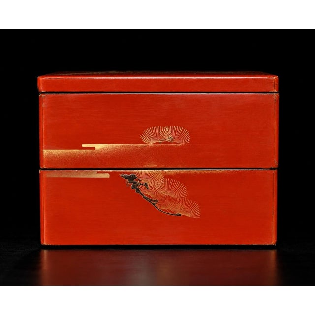 Red Japanese Antique Red Lacquered Snack Keepsake Box Hand Painted 2-Tier For Sale - Image 8 of 17