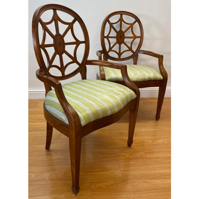 Pair of Contemporary Walnut Framed Upholstered Arm Chairs With Inlay 24" wide x 19" Deep x 19.5" High at the Seat x 14.5"...