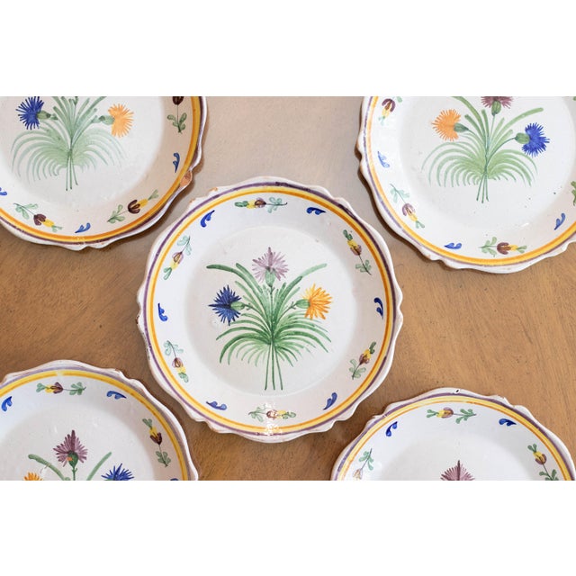 French Provincial 19th Century Set of 5 French Faïence Plates – Hand-Painted Floral – Scalloped Edge – Provincial Style For Sale - Image 3 of 12