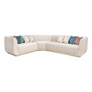 Cream L-Shaped Sectional Sofa with Gold Base and Velvet Cushions from Kabinet For Sale