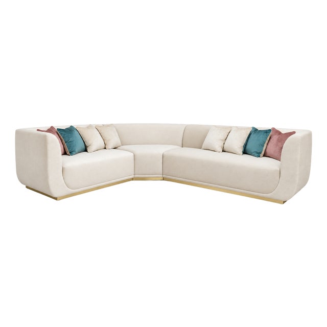 Cream L-Shaped Sectional Sofa with Gold Base and Velvet Cushions from Kabinet For Sale