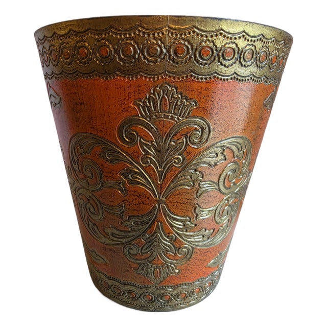Florentine Vintage Giltwood Wastebasket Burnt Orange /Gold For Sale