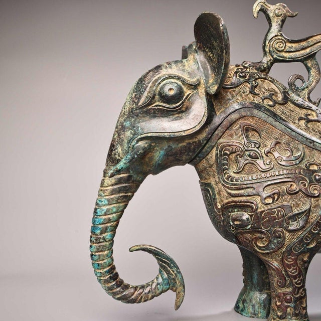 Metal Late 20th Century Pair of Archaic Style Bronze Elephant-Form Vessels With Bird Finials For Sale - Image 7 of 10