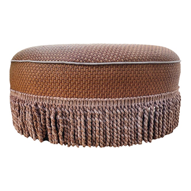 Old Hickory Tannery Round Tufted Ottoman With Fringe For Sale