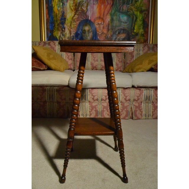 Antique Victorian Tiger Oak Parlor Side Table 2 Tier Eastlake Carved Spool Leg Beautiful Table! Antique Condition With...