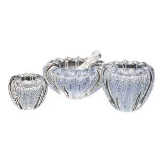 Set of 3 Blue Ercole Barovier "Bullicante" Murano Glass Vase for Barovier & Toso For Sale