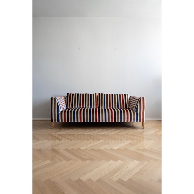 Wood Modern European Velvet Sofa with Striped Upholstery, 2000s For Sale - Image 7 of 7