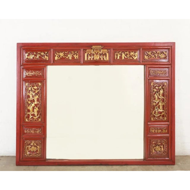 Chinese Antique Red & Gold Chinese Temple Carving Mirror For Sale - Image 3 of 3