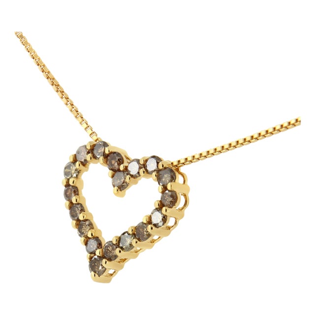 14K Yellow Gold Plated .925 Sterling Silver 1.0 Cttw Champagne Diamond Heart Pendant Necklace - 18" For Sale