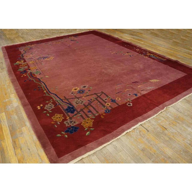 1920s Chinese Art Deco Carpet ( 9' x 11' 7" - 275 x 353 cm) Antique Art Deco Room Size Wool Coral, Rose Rug, Circa Date:...