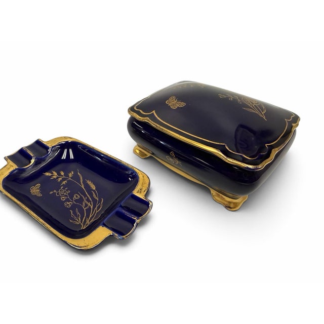 Lindner Vintage Lindner Kueps Bavaria Cobalt Blue & 22k Gold Butterfly Porcelain Vanity Set - 4 Pieces For Sale - Image 4 of 8