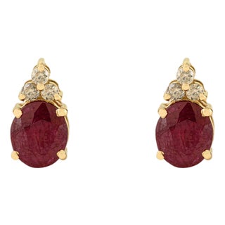 1.75 Ct Oval Cut Ruby and Diamond Crown Stud Earrings in 14k Gold- A Pair For Sale