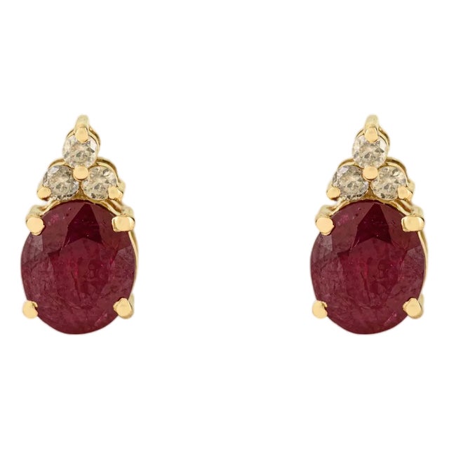 1.75 Ct Oval Cut Ruby and Diamond Crown Stud Earrings in 14k Gold- A Pair For Sale
