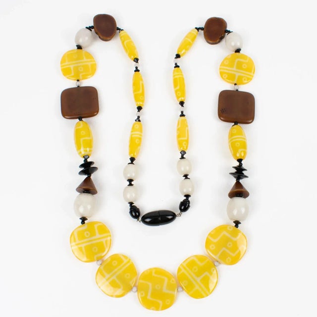 Angela Caputi Angela Caputi Extra-Long Necklace Faux-Wood and Textured Yellow Resin Beads For Sale - Image 4 of 12