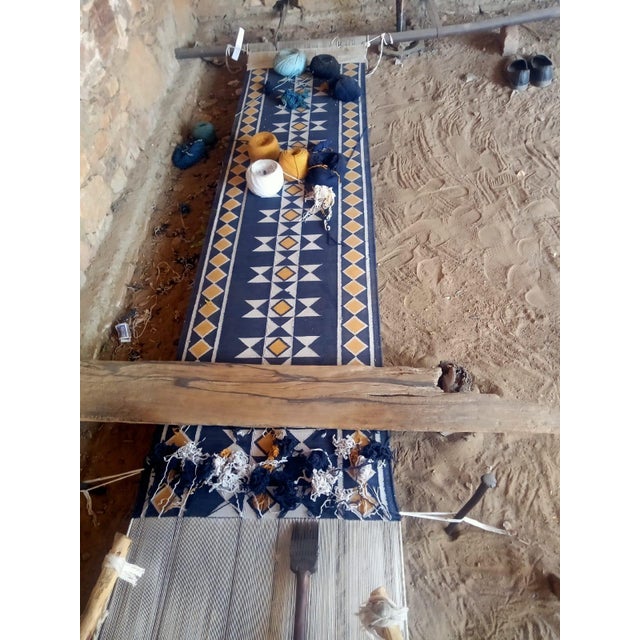 Handmade Cotton Navy Blue Geometric Runner Rug, Vegetable Dyed Dhurrie Runner -3'x16' For Sale - Image 11 of 11