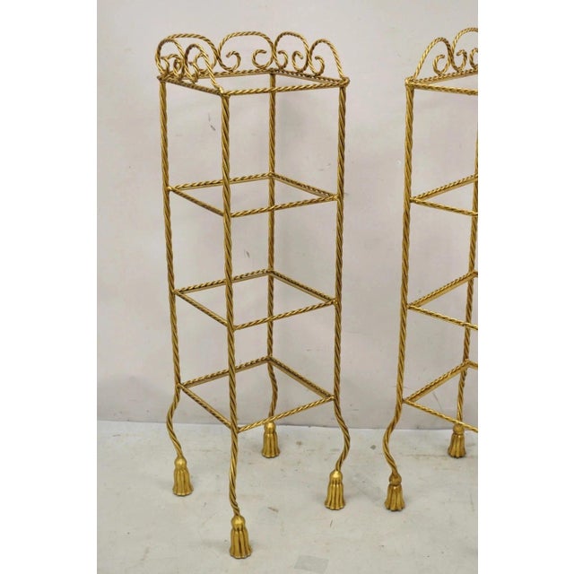 Italian Hollywood Regency Rope Tassel Gold 4 Tier Iron Etagere Shelf - A Pair For Sale - Image 4 of 10