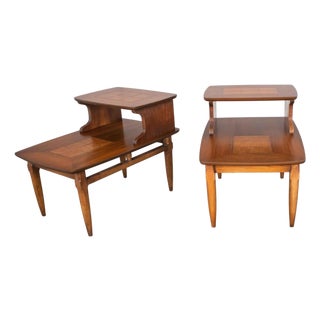 Mid-Century Modern Step End Tables With Inlaid Walnut Burl Style #1927 by Lane - A Pair For Sale
