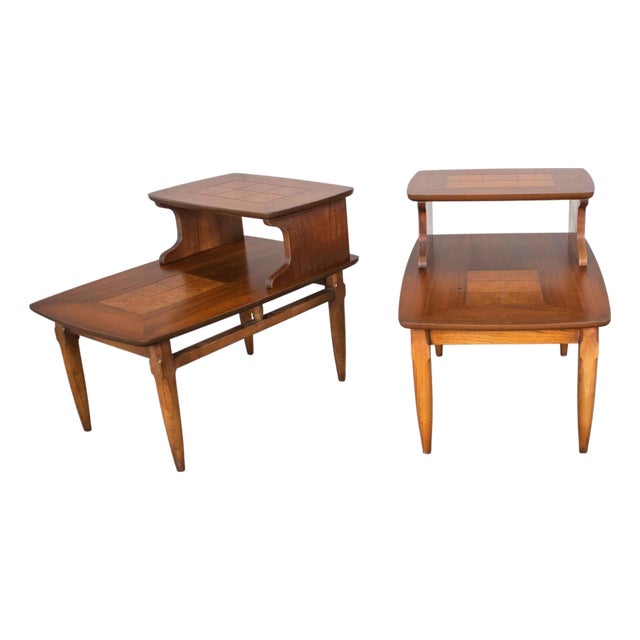 Mid-Century Modern Step End Tables With Inlaid Walnut Burl Style #1927 by Lane - A Pair For Sale