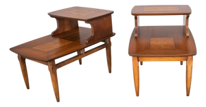 Mid-Century Modern Step End Tables With Inlaid Walnut Burl Style #1927 by Lane - A Pair