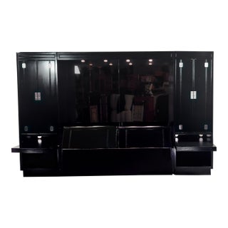 Late 20th Century Modern Campaign Henredon Black Lacquered Modular King Bed W/Side Cabinets & Back Mirror For Sale