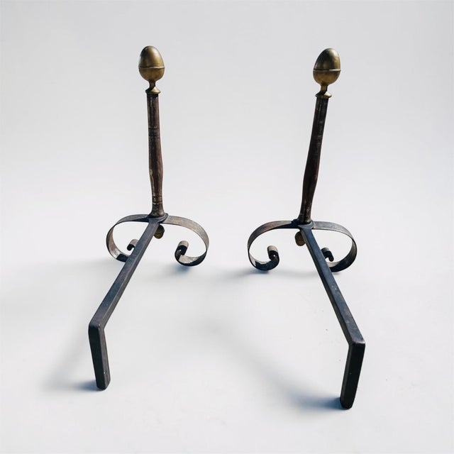 English Country Home Antique Wrought Iron and Brass Andirons-a Pair For Sale - Image 4 of 5