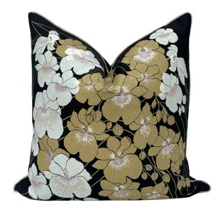 White Orchids Cascade, 22" Throw Pillow, Black, White and Gold For Sale