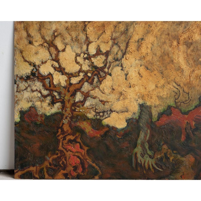 Dramatic Tree Landscape, Vintage Original Expressionist Oil Painting, 1970s For Sale - Image 4 of 8
