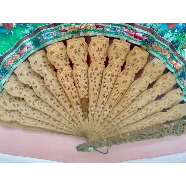 Green 19th Century Chinese Export Fan With Finely Pierced Boxwood Sticks and Hand-Painted Scene, Framed For Sale - Image 8 of 9