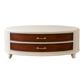 Mid 20th Century Transitional Oval Cocktail Table With Walnut Drawers and Brass Pulls For Sale