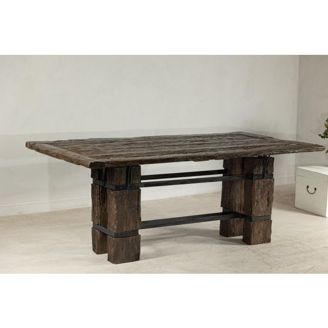 Vintage Rustic Reclaimed Teak Table with Distressed Top and Metal Base For Sale In New York - Image 6 of 12