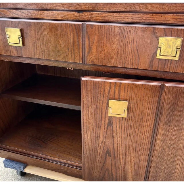 1970s Thomasville Campaign Style Walnut Bar Cart With Cabinet and Extendable Flip Top For Sale - Image 10 of 10