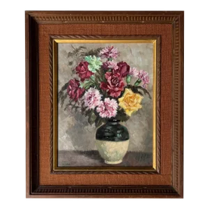 1960's T. Mura Floral Still Life Oil on Canvas Painting, Frame