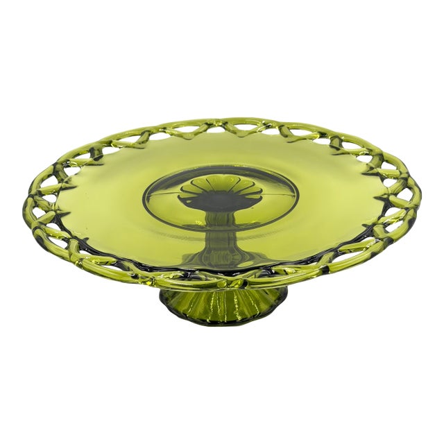 1950s Pitman-Drietzer Glass Avocado Green Cake Stand "Colony Lace" 14" Plate For Sale
