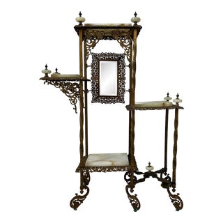 Antique Brass Etagere With Onyx Inlays and Mirror For Sale