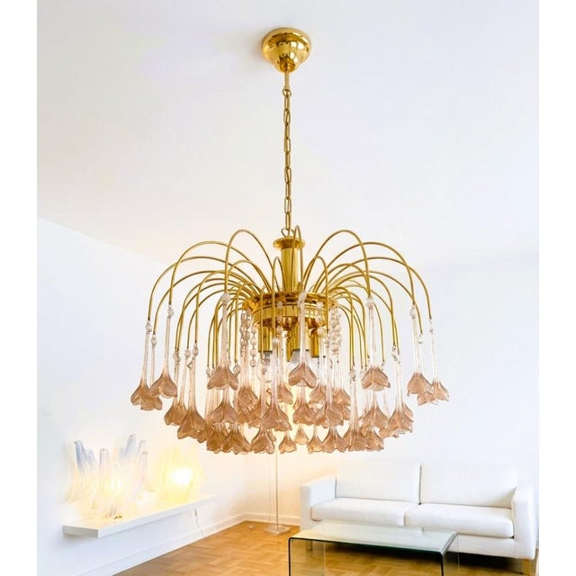 Vintage Gold Rain Chandelier with Handmade Murano Glass Pink Flowers, Italy, 1960 For Sale - Image 12 of 16