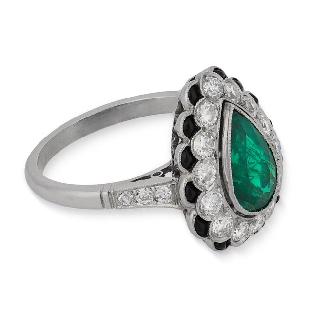Art Deco Inspired 1.56 Carat Pear Shape Emerald Diamond Platinum Onyx Ring, Size 6.75 For Sale - Image 4 of 6