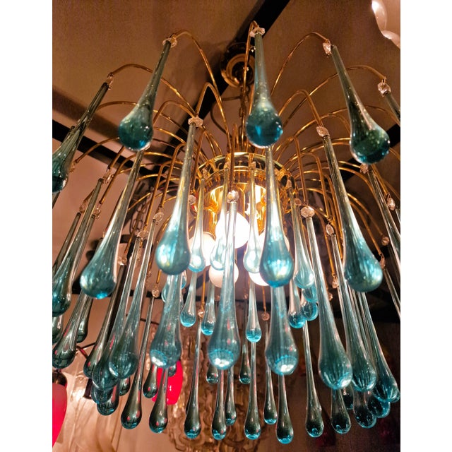 Vintage Gold Rain Chandelier with Handmade Murano Glass Blue Drop, Italy, 1960 For Sale - Image 12 of 13