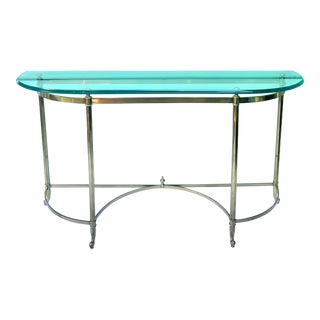 1960s Vintage Glass & Brass Console Demi Lune Table Hollywood Regency For Sale