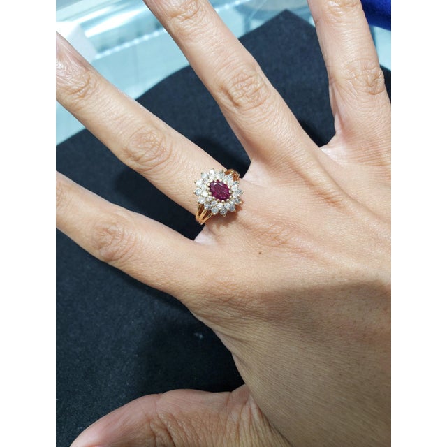 Contemporary Ruby Diamond Halo Engagement Ring 1.25cttw 14k Yellow Gold, Size 4 For Sale - Image 3 of 10