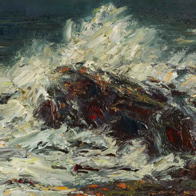 Coastal Cascais by Sparky LeBold | Oil on canvas of crashing waves on rocky shore. For Sale - Image 4 of 5