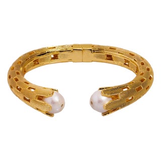 Cleopatra Gold & Pearl Chunky Cuff Design Bracelet For Sale