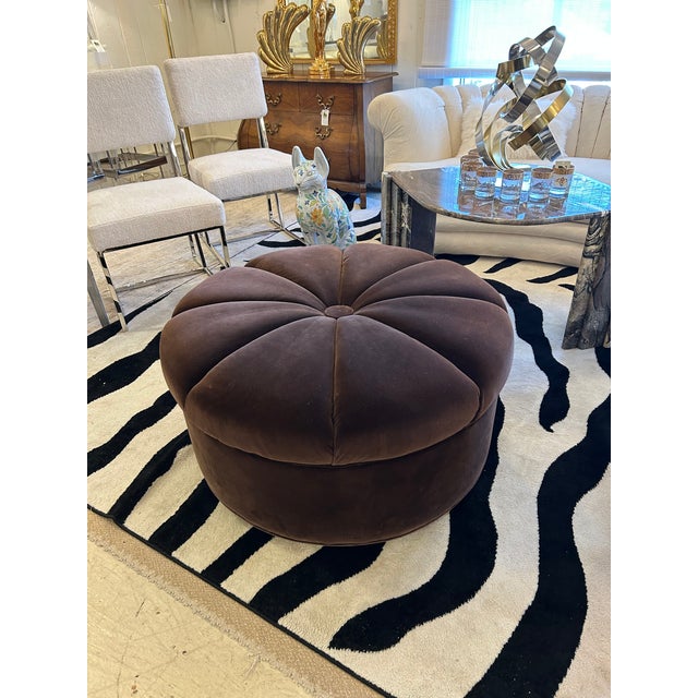 Brown Round Luxurious Velvet Ottoman Pouf For Sale In Philadelphia - Image 6 of 6