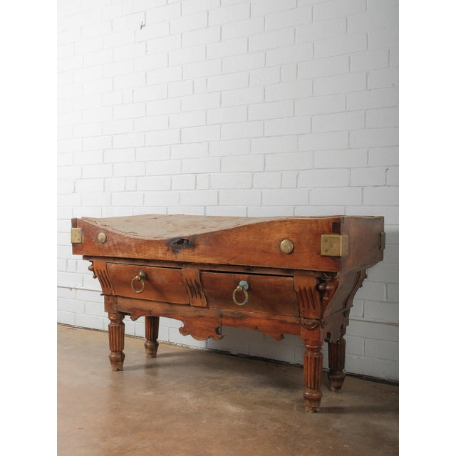 Farmhouse 19th Century French Butcher’s Block Table With Drawers and Brass Mounts For Sale - Image 3 of 8