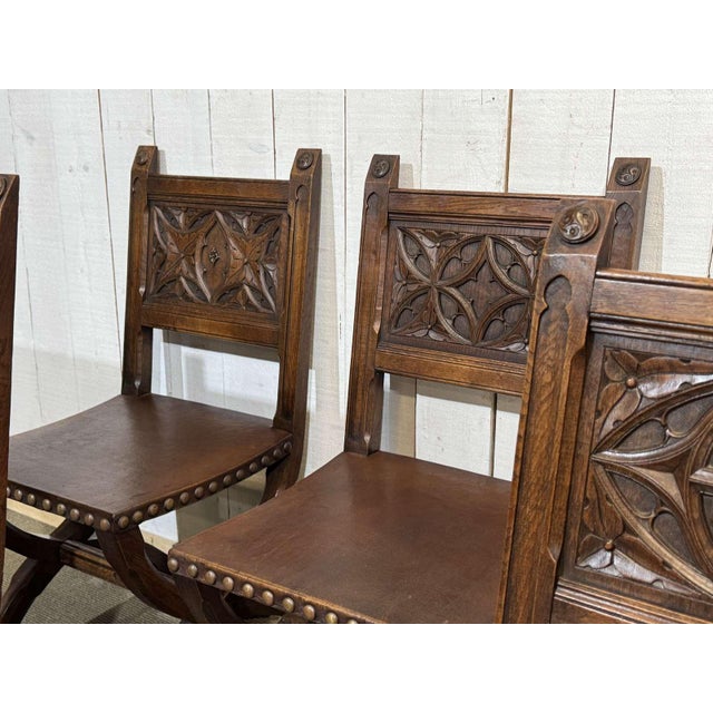 Chairs and Armchairs in Oak and Leather with Gothic Decoration, 1930s, Set of 8 For Sale - Image 12 of 18