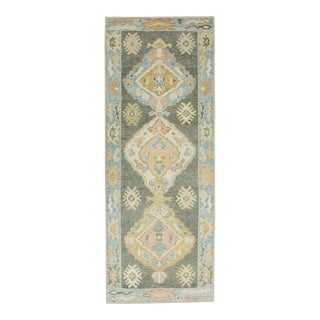 Early 21st Century Blue & Pink Geometric Design Handwoven Wool Turkish Oushak Rug 2'7" X 7'9" For Sale