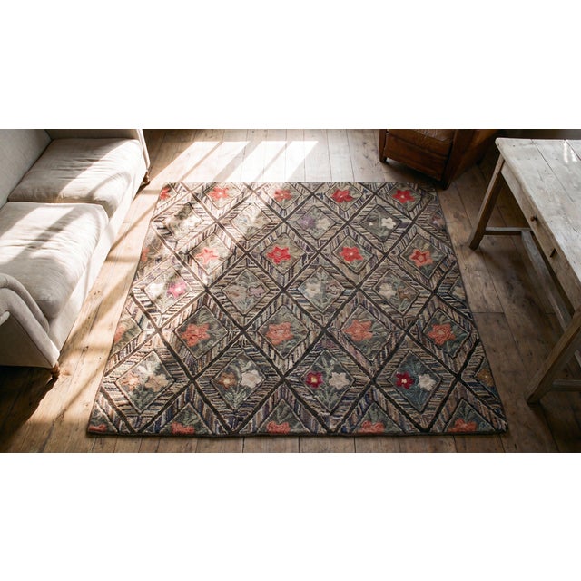1880s Brown Diamond Folk Art Antique American Hooked Rug 4'4" X 4'9" Handknotted Wool Carpet For Sale - Image 11 of 12