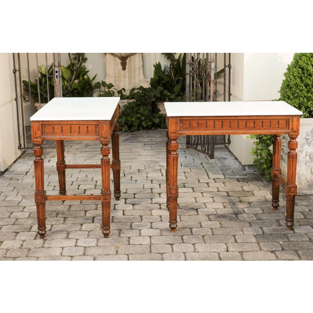 French Pair of French 1870s Neoclassical Style Wooden Console Tables with Marble Tops For Sale - Image 3 of 12